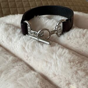 Equestrian Brown and Silver Leather Bracelet. Horse bit motif